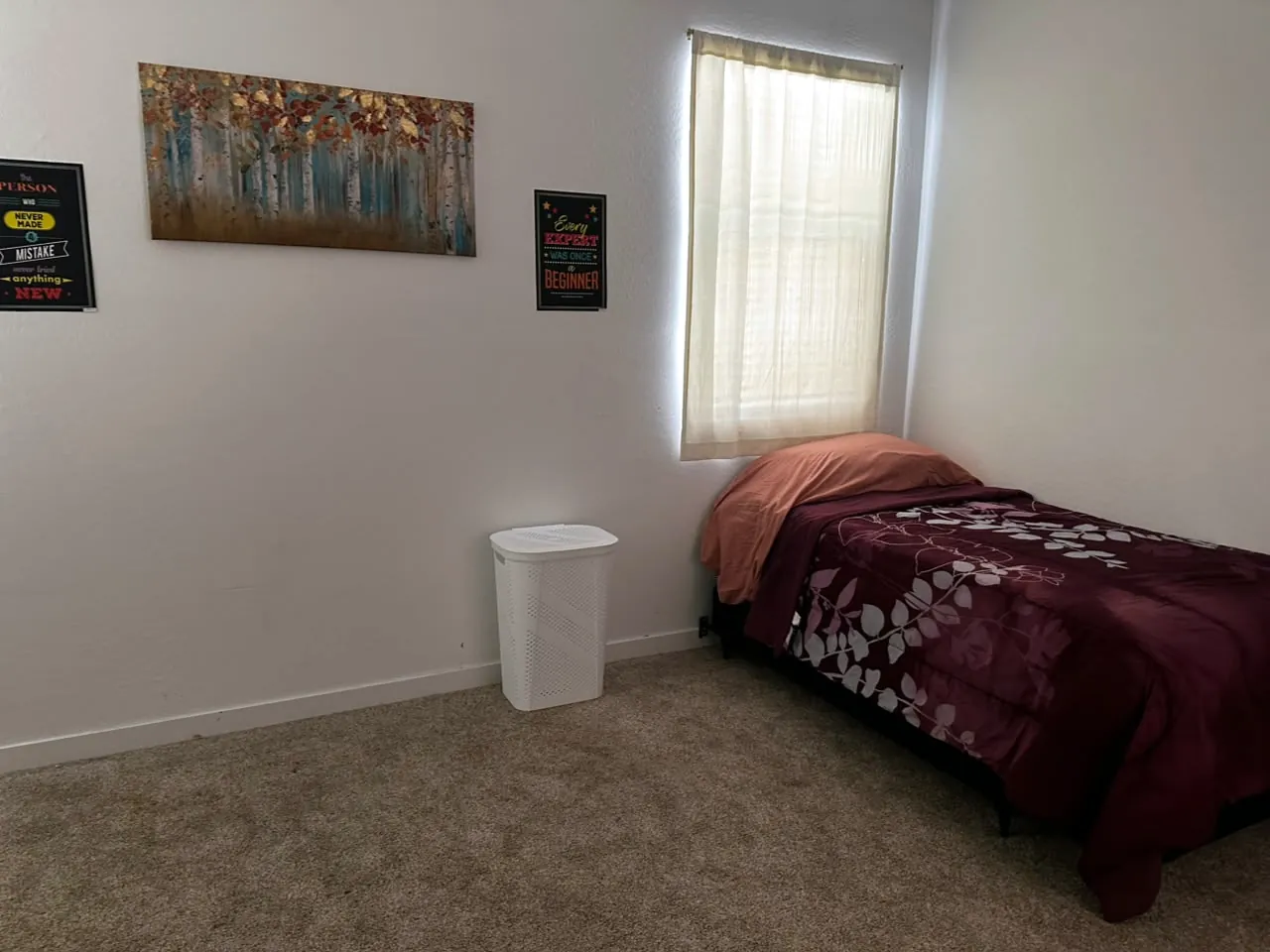 Bright youth bedroom with a twin bed, a large window and wall art